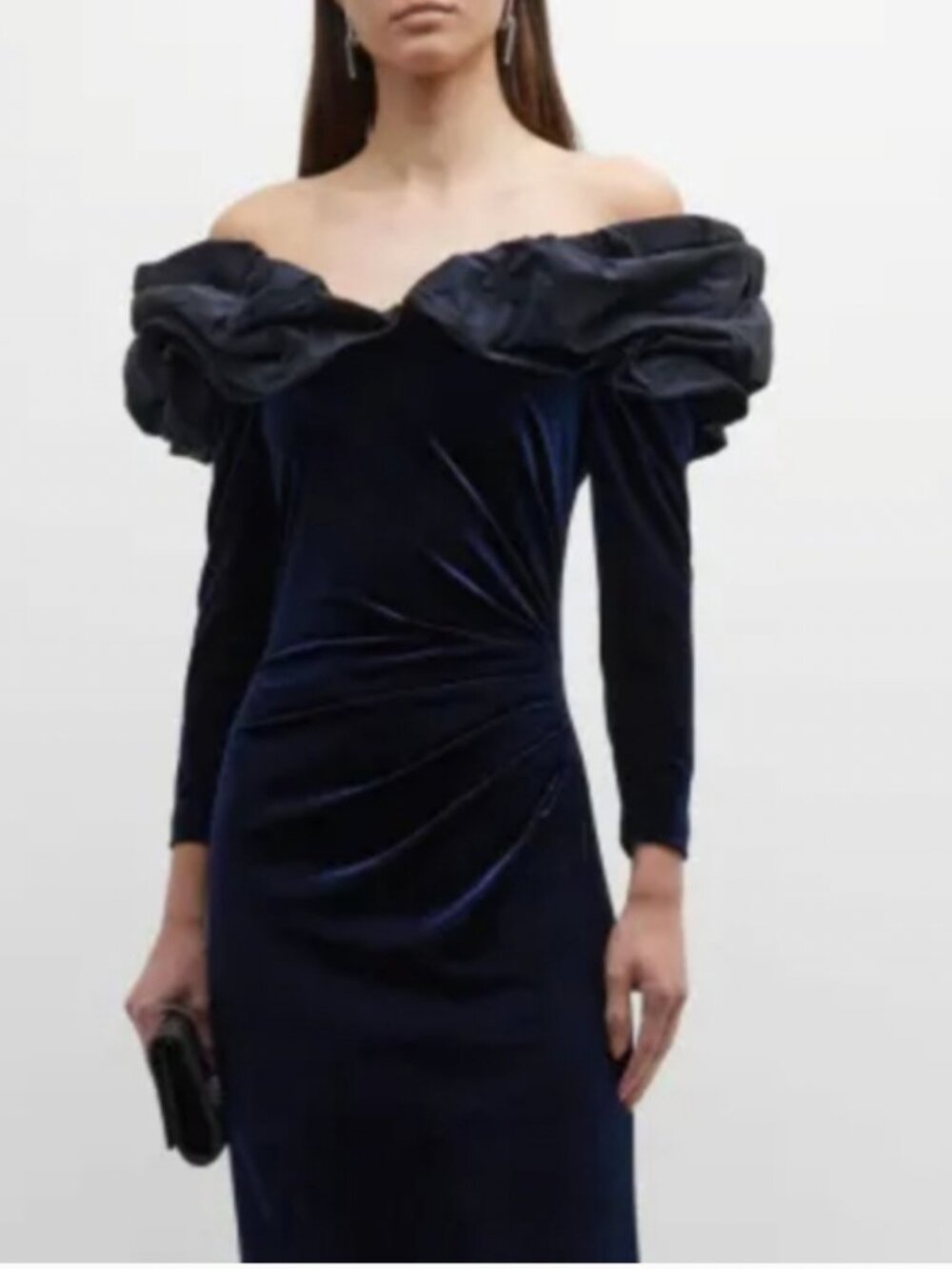 Teri Jon by Rickie Freeman Velvet Blue off-the-shoulder Gown